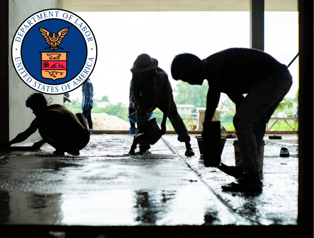 Silhouette group of workers build the cement floor in the house under construction.
