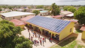 Building Climate-Resilient Schools: A group of students and community members gathers outside a school with solar panels on its roof.
