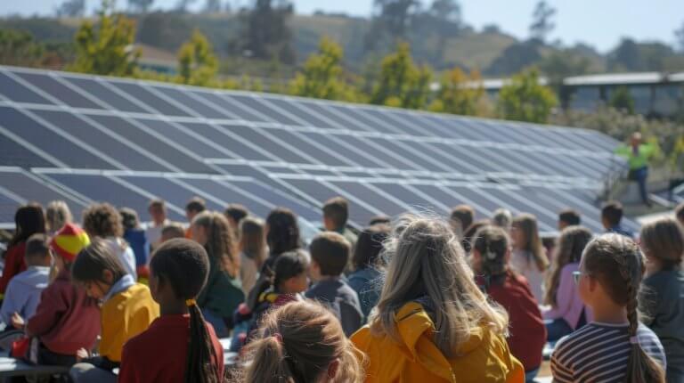 A school assembly where a guest speaker educates students on the importance of renewable energy and how their school is leading the way with solar panels. Climate education in school curriculums is critical.