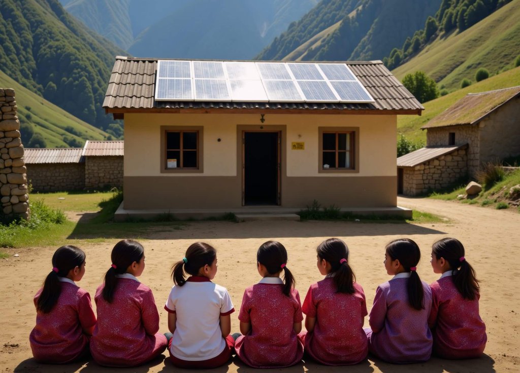 Building Climate-Resilience Schools: Group of schoolgirls in vibrant uniforms sit before a rural school with solar panels in a picturesque mountainside village Pro Photo