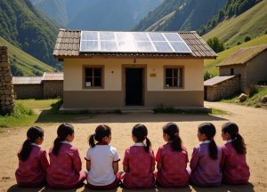 Building Climate-Resilience Schools: Group of schoolgirls in vibrant uniforms sit before a rural school with solar panels in a picturesque mountainside village Pro Photo