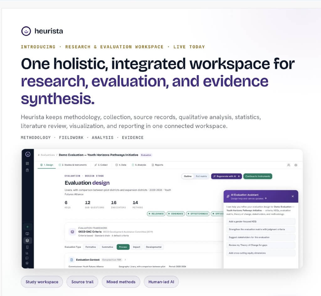 AI-augmented, human-led research intelligence Research findings that stay connected to their evidence. Heurista helps research and evaluation teams design studies, collect responses, code and analyze qualitative and quantitative evidence, and draft reports without losing the link back to the source.