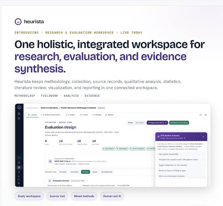 AI-augmented, human-led research intelligence Research findings that stay connected to their evidence. Heurista helps research and evaluation teams design studies, collect responses, code and analyze qualitative and quantitative evidence, and draft reports without losing the link back to the source.